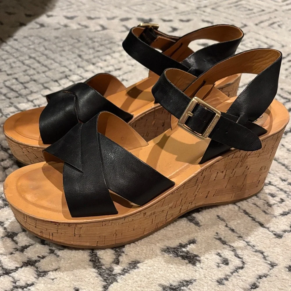 Kork-Ease Black Leather Cork Platform Wedge Sandals